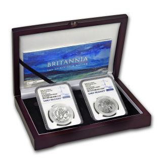 2018 2 - Coin Silver 1 Oz Britannia Reverse Prf Set Pf - 69 Ngc (er) - Sku 176441