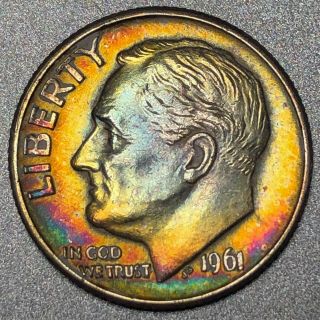 1961 - D Roosevelt Dime 10c - Circulated - Rainbow Toning