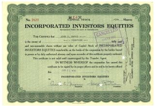 Incorporated Investors Equities.  Stock Certificate.  Massachusetts.