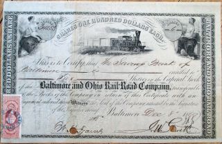 Baltimore & Ohio Rail Road Co.  1869 Stock Certificate W/revenue Stamp - Railroad
