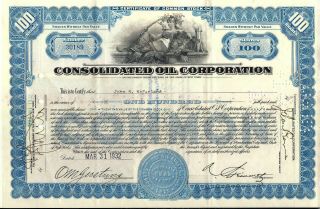 Stock Certificate Consolidated Oil Corp.  1930s Sinclair Oil Corp.  Now Blue
