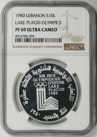 1980 Lebanon Lake Placid Olympics Silver 10 Livres Proof Pf 69 Ultra Cameo Ngc