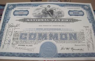 National Tea Co.  Old Canceled Stock Certificate 1954