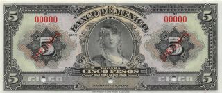 México 5 Pesos Nd.  1937 P 34s Specimen Uncirculated Banknote Mex5