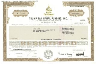 Trump Taj Mahal Funding,  Inc.  Stock Size Bond Certificate.  Hotel Casino