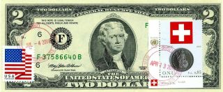 $2 Dollars 1995 Stamp Cancel Flag Of Un From Switzerland Lucky Money $99.  95