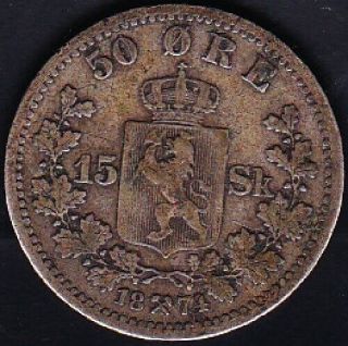1874 Norway 50 Ore Silver Coin Vf