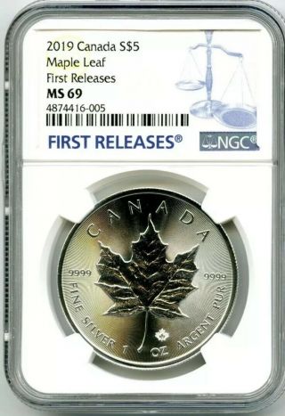2019 $5 Canada 1 Oz Silver Maple Leaf Ngc Ms69 Rare First Releases Blue Label