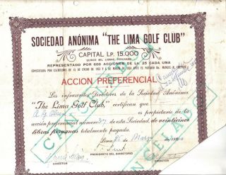 Peru 1940 The Lima Golf Club Society 25 Soles Revenue Consulate Of Peru Usa