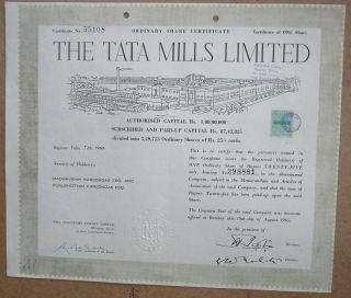 India The Tata Mills Ltd.  1965 Share Certificate