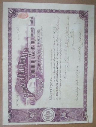 India The Broach Fine Counts Spinning Co Ltd 1918 Share Certificate