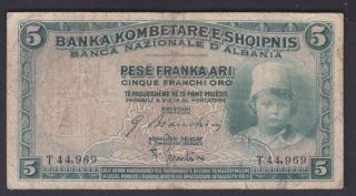 1930,  Albania Paper Money,  5 Fr.  Ar.  Sign G.  Bianchini.  R.