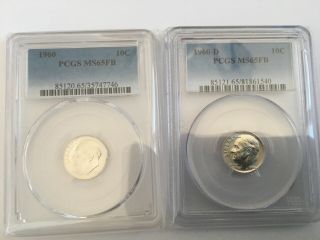 1960 P/d Roosevelt Dimes (ms65fb) Pcgs 2 Bright White Coins