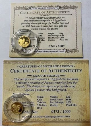 (4) Tokelau 1/2 Gram.  999 Gold Coins 2015 Goat & 2014 Pegasus With Low Pop