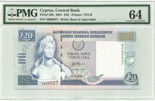 Cyprus 20 Pounds 2001 Pmg64 - Unc Banknote Pick 63b - Low Number S000037