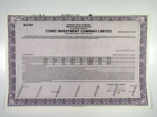 Hong Kong.  Conic Investment Company Ltd 1989 Specimen Adr Stock Cert Xf Purple