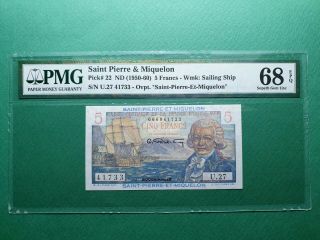 1950 - 60 Saint Pierre & Miquelon 5 Francs P 22 Pmg 68 Epq Gem Unc