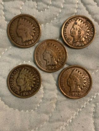 5 Indian Head Cent Penny 2 X 1902,  1904,  1905,  1906
