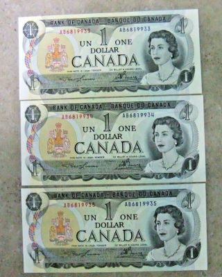 3 Consecutive 1973 Bank Of Canada 1 Dollar Notes - Unc -