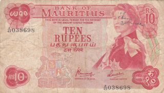 10 Rupees Vg Banknote From British Colony Of Mauritius 1967 Pick - 31