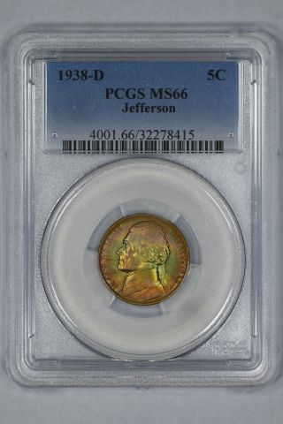 1938 D Jefferson Nickel 5c Pcgs Certified Ms 66 State Uncirculated (415)