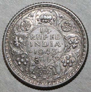 British India 1/4 Rupee Coin 1943 Km546 Reeded Silver.  500 George Vi One Quarter