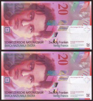 Switzerland 20 Franken / Francs 2003 Gem Unc Consecutive Pair