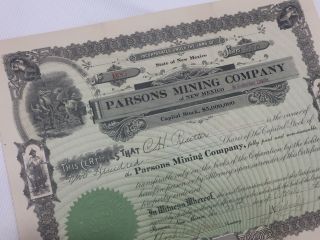 Stock Certificate Parsons Mining Company 1919 Mexico Vf - 452
