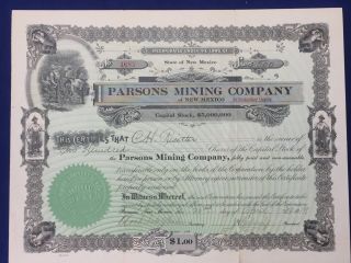 Stock Certificate PARSONS MINING COMPANY 1919 Mexico VF - 452 2