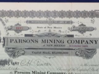 Stock Certificate PARSONS MINING COMPANY 1919 Mexico VF - 452 7
