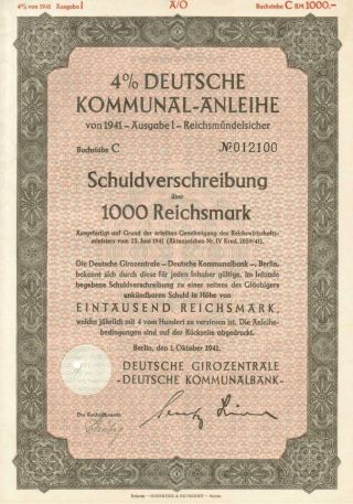 Authentic 1000 Reichsmark Bond Certificate From 1941,  Ww 2 Berlin Germany,  531