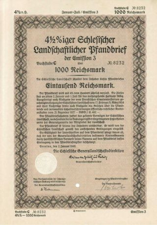 Nazi Era 1000 Reichsmark Bond Certificate 1940,  Ww 2 Selisia Germany,  591