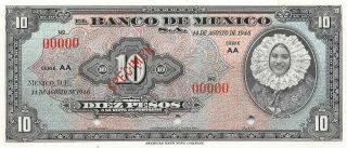 México 10 Pesos 14.  8.  1946 P 47as Series Aa Specimen Uncirculated Banknote Mex5