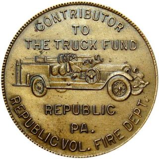 Pre 1933 Republic Pennsylvania Lucky Swastika Token Volunteer Fire Dept Truck