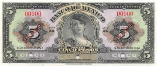 México 5 Pesos 14.  8.  1946 P 34hs Series Aa Specimen Uncirculated Banknote Mex5