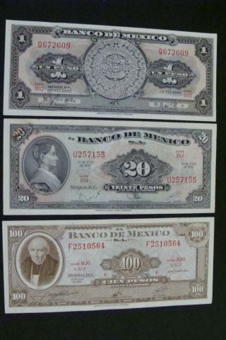 Mexico 1 - 20 - 100 Pesos 1970 Crisp Xf/unc