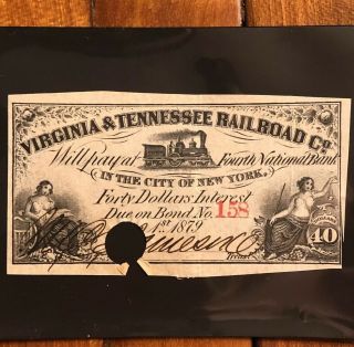 1879 $40 Virginia & Tennessee Railroad Co.  Bond Certificate Script Money Paper
