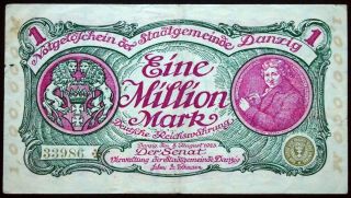 Danzig 1923 1 Million Mark Inflation Notgeld German Banknote Gdansk P - 24