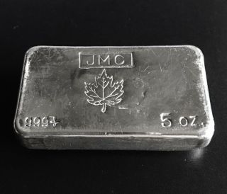 Jmc Johnson Matthey Canada 5 Oz.  999 Fine Silver Bar Ingot,  Maple Leaf Hallmark