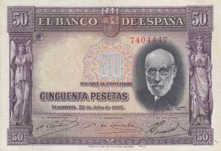 50 Pesetas Very Fine Crispy Banknote From Spain 1935 Pick - 88