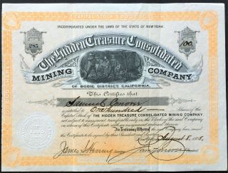 Hidden Treasure Consolidated Mining Co Stock 1883.  Bodie,  Ca - Great History.  Vf