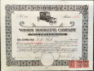 Woods Mobilette Company Stock 1915.  Chicago,  Il.  Short - Lived Car Co.  Scarce.  Vf,