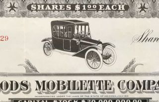 WOODS MOBILETTE COMPANY Stock 1915.  Chicago,  IL.  Short - Lived Car Co.  SCARCE.  VF, 2