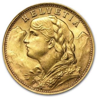 20 Francs Swiss Helvetia Vreneli Gold Coin Au/bu 1935