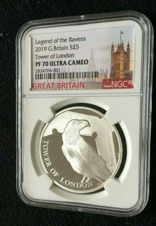 2019 Great Britain £5 Silver Proof Legend Of The Ravens 1 Ounce Pf70uc