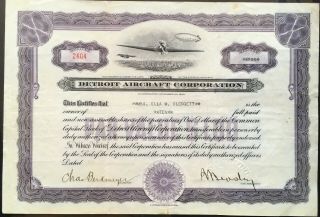 Detroit Aircraft Corp Stock 1934.  Mi.  Famous Aviation Consolidation.  Scarce.  Vf