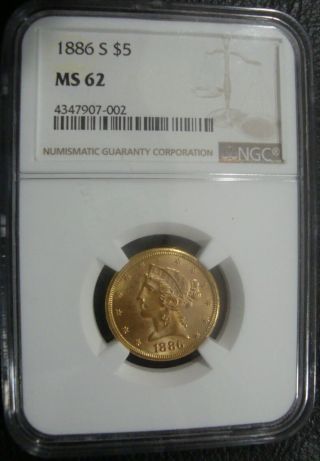1886 - S $5 Gold Liberty Head Half Eagle - Ngc Ms - 62