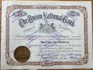 Minersville,  Pa Union National Bank 1935 Stock Certificate - Pennsylvania Penn