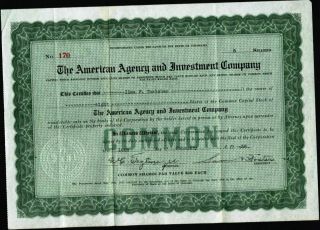 American Agency And Investment Co. ,  Of Co. ,  1936,  Uncancelled Stock Certificate