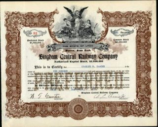 Bingham Central Railway Co Of Utah,  Uncancelled Preferred Stock Certificate